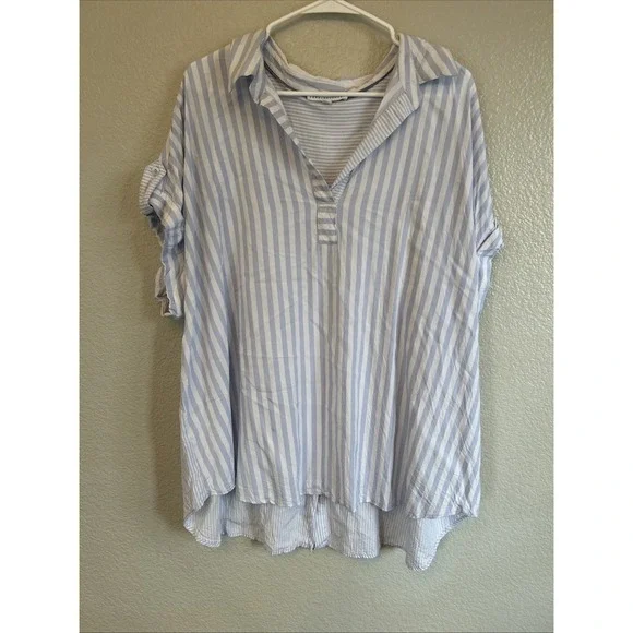 Womens Top JANE AND DELANCEY blue white striped rayon collared cap slv tunic 2X - Picture 1 of 7